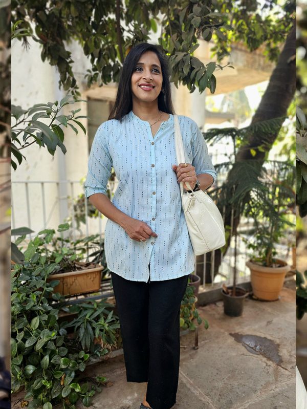 Cotton Kurta-Style Shirt - Light Blue - Image 4