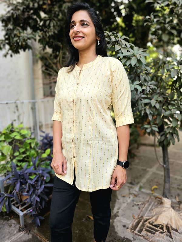 Cotton Kurta-Style Shirt - Light Yellow - Image 2