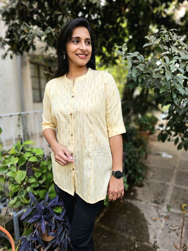 Cotton Kurta-Style Shirt - Light Yellow - Image 3